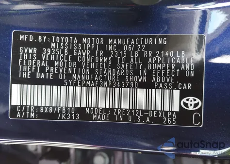 2022 Toyota Corolla Le from USA, damaged, VIN 5YFEPMAE3NP343790